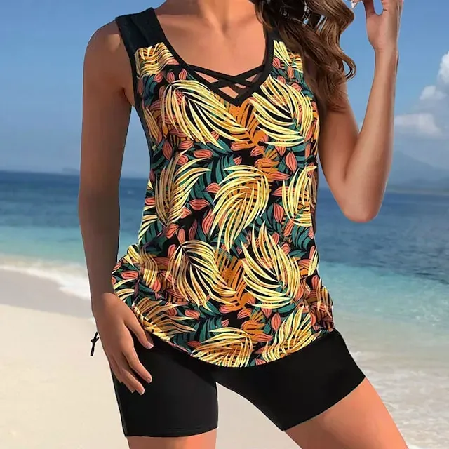 Women's Swimwear Tankini 2 Piece Plus Size Swimsuit Printing Floral Black White Yellow Pink Sky Blue Tank Top Bathing Suits Sports Summer