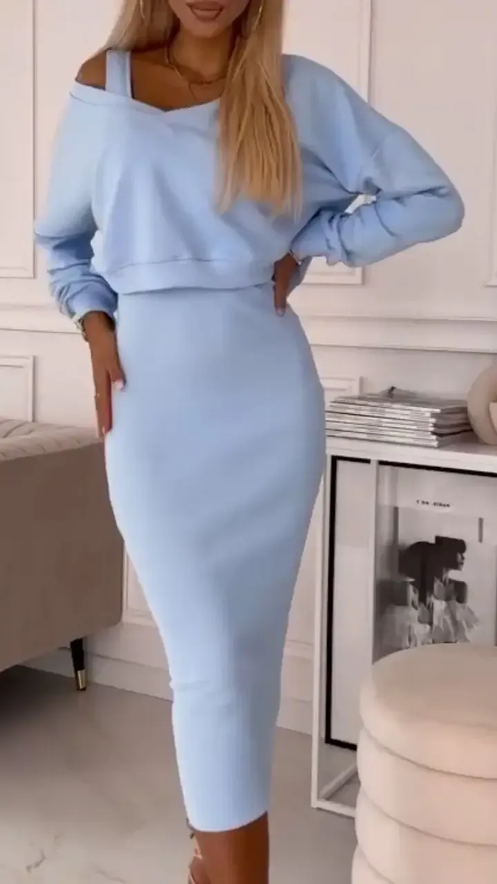 Women's V-neck Solid Color Casual Dress Suit