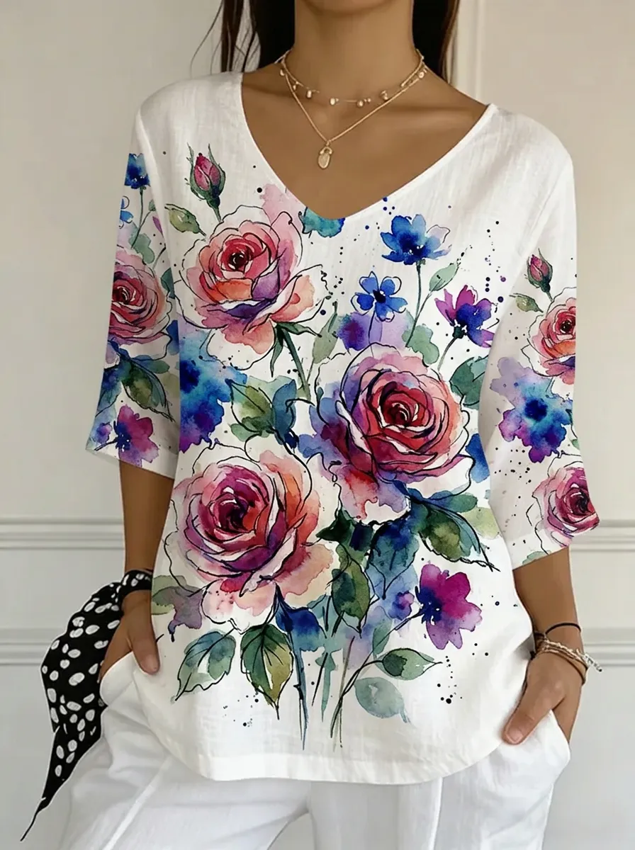 Women's Nashville Floral Watercolor Rose Printed V-neck Top