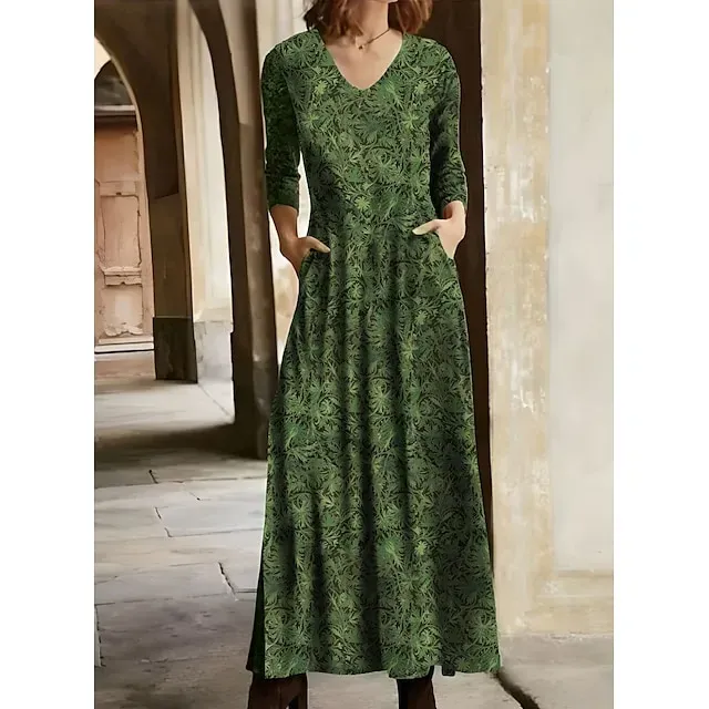 Women's Winter Dress T Shirt Dress Tee Dress Floral Tribal Pocket V Neck Long Dress Maxi Dress Vintage Ethnic Daily Long Sleeve Fall Winter