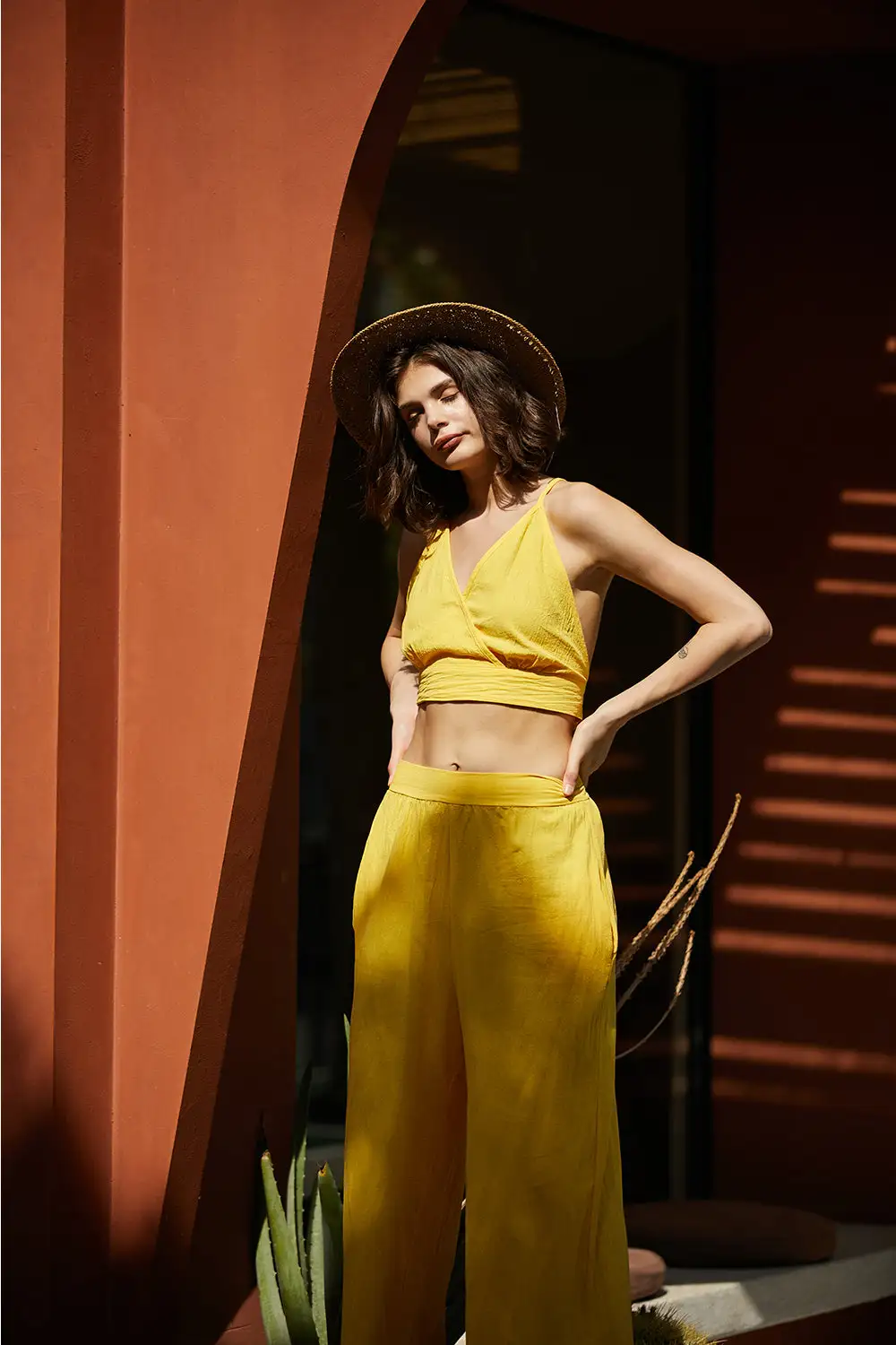 Spaghetti Strap Camisole Crop Top Casual Wide Leg Long Pants Linen Set