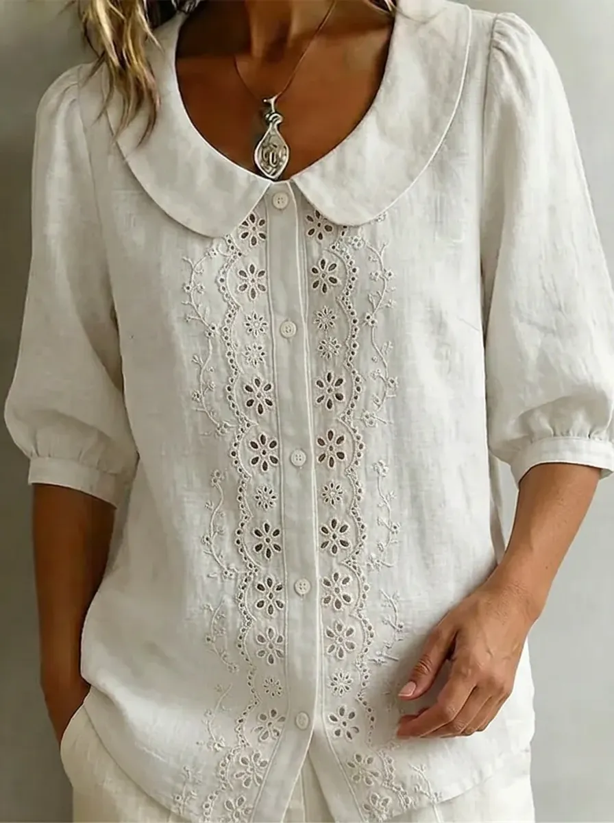 Women's Nashville Floral Embroidery Peter Pan Collar Printed Top