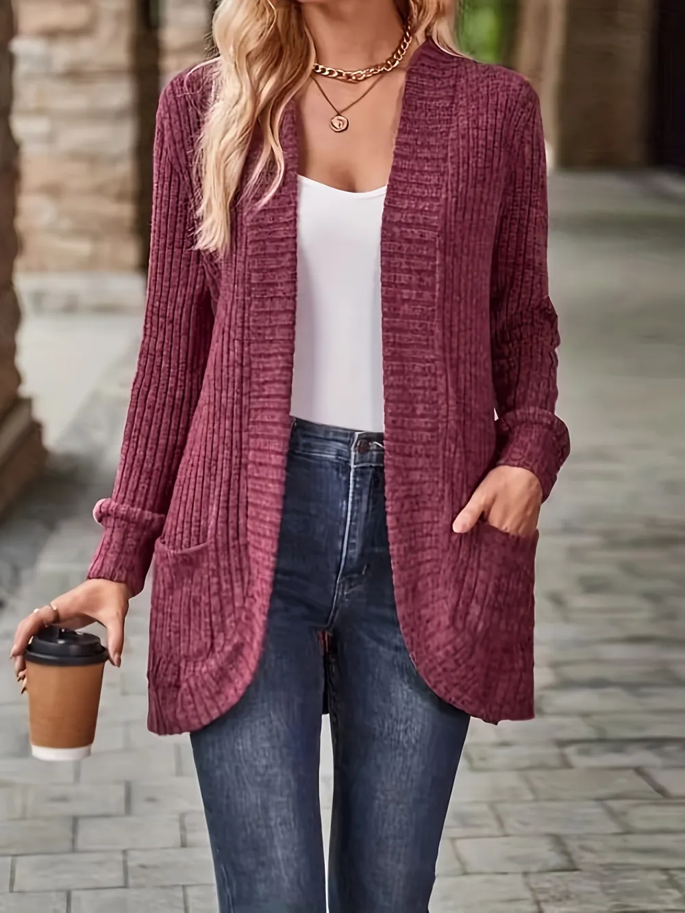 Relaxed Open Front Cardigan Casual Long Sleeve Drop