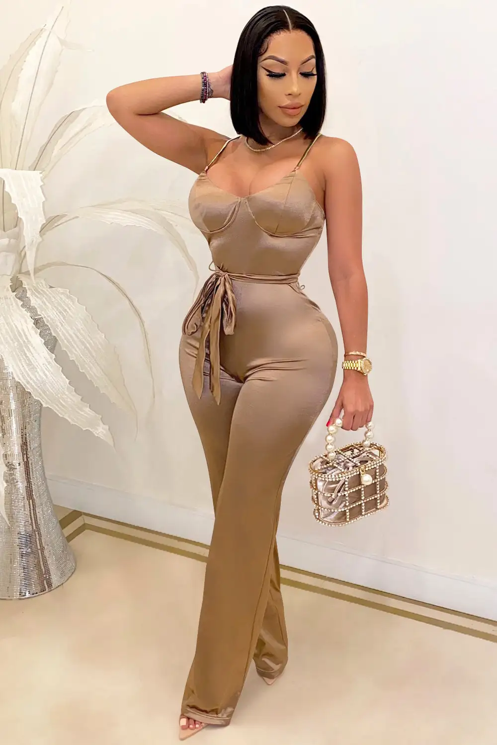 V Neck Sleeveless Tie Jumpsuit