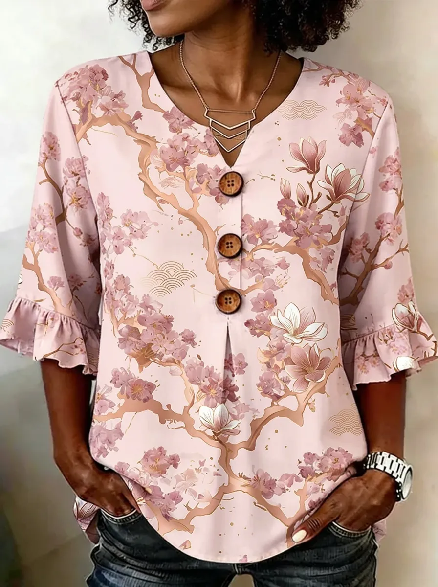 Women's Nashville Floral Cherry Blossom Printed V-Neck Button Top
