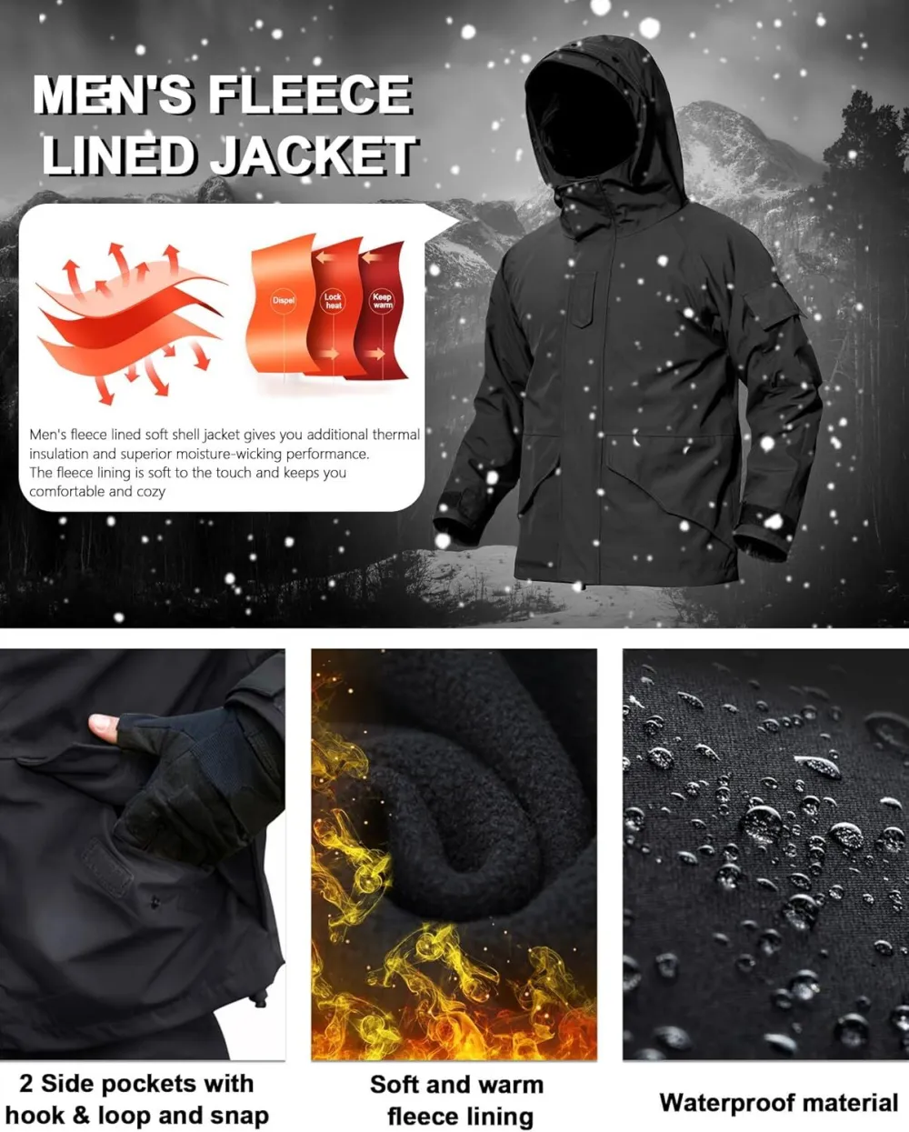 Men's Fleece Lined Soft Shell Jacket Winter Waterproof Hooded Coat Windproof Camo Tactical Jacket