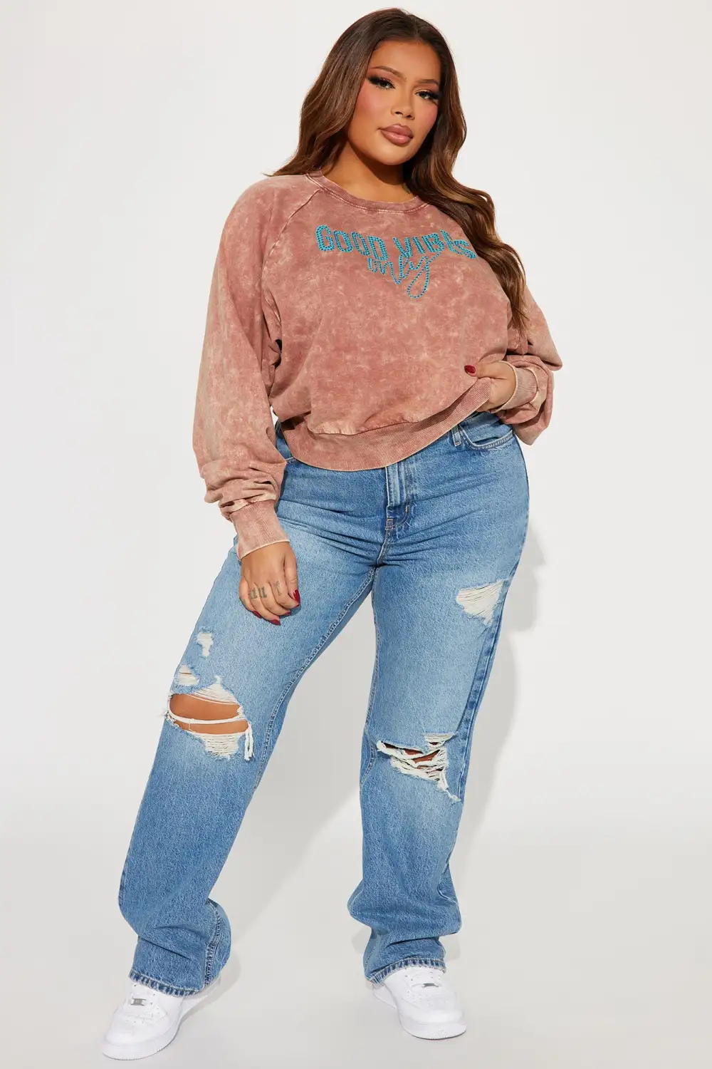 Good Vibes Only Cropped Crew Neck Sweatshirt - Brown/combo