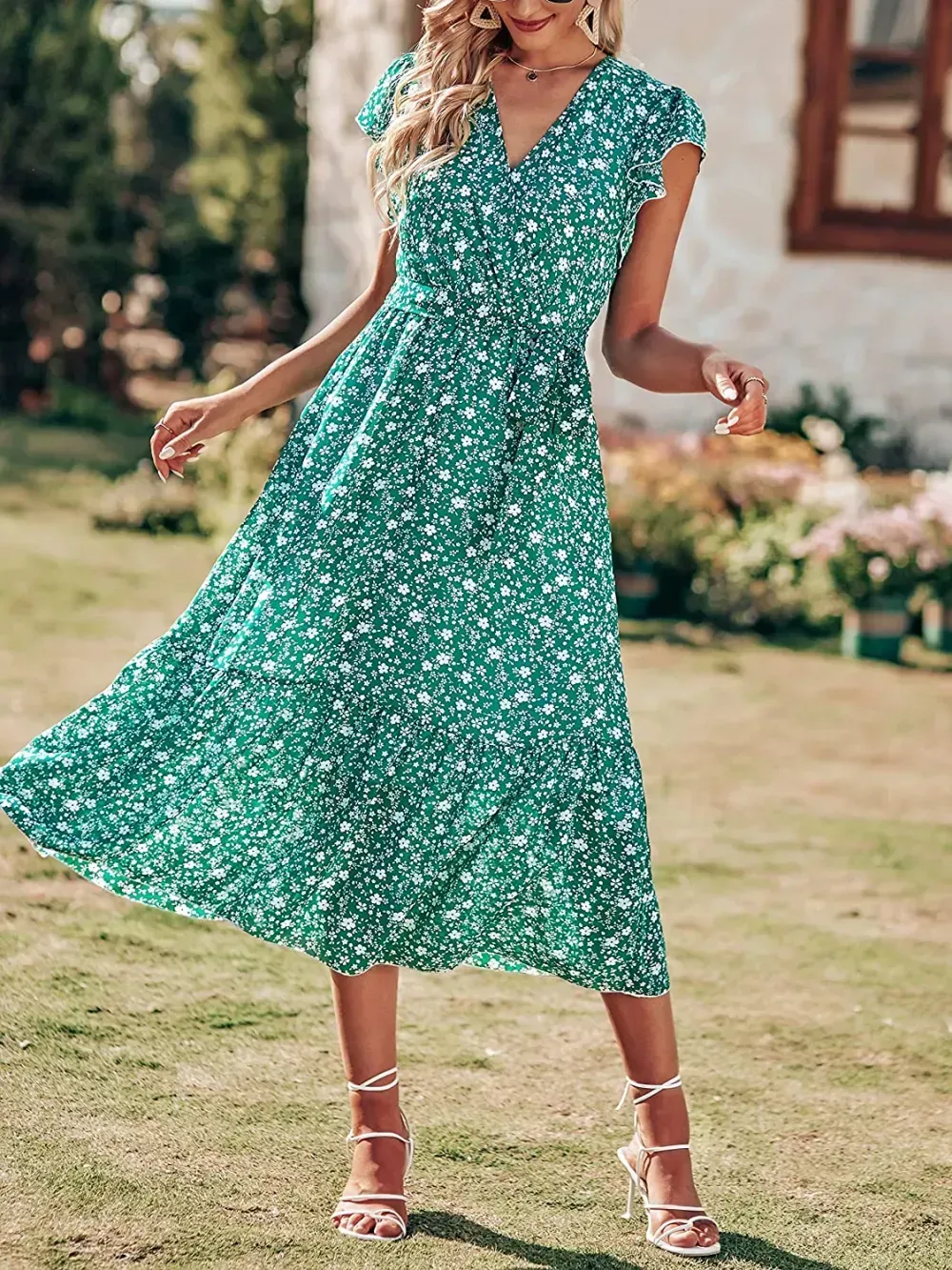 Women Summer Bohemian Floral Casual Wrap V Neck Ruffle Cap Sleeveless Belt A-Line Pleated Hem Swing Midi Sun Dress