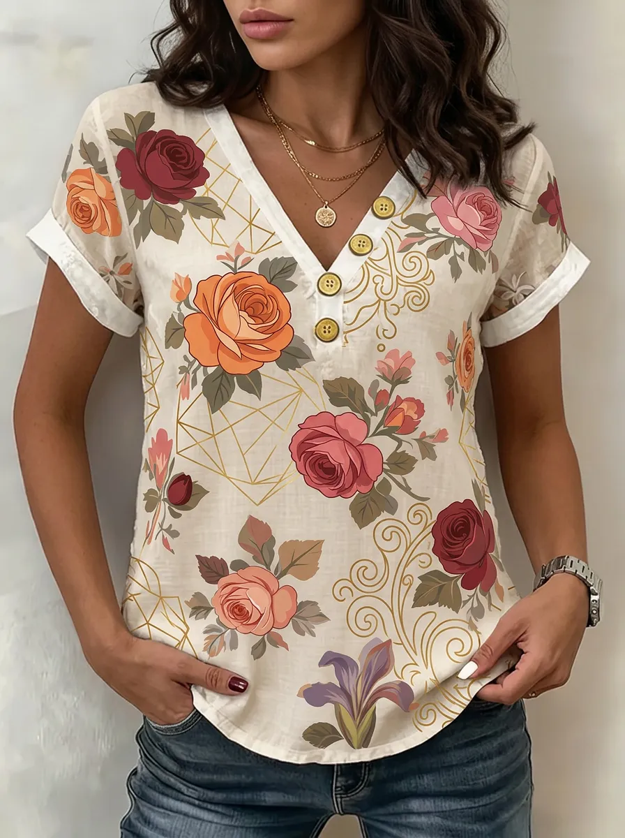 Women's Nashville Floral Geometric Printed V-neck Button Top