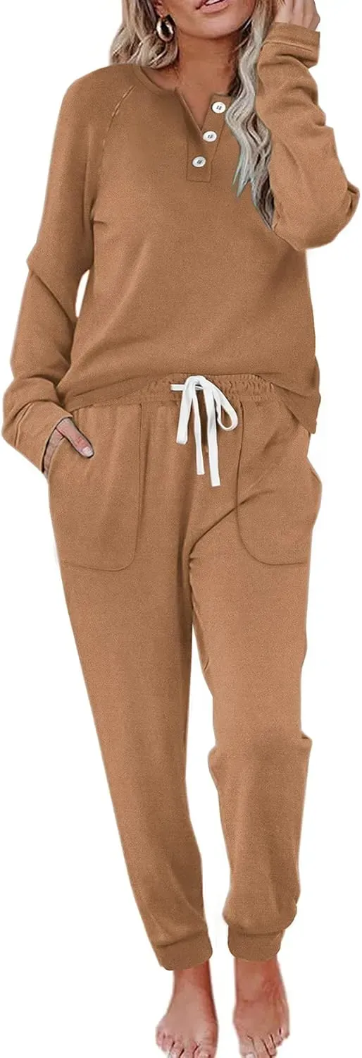 Two Piece Outfits for Women Lounge Sets Button Down Sweatshirt Sweatpants Sweatsuits Set with Pockets