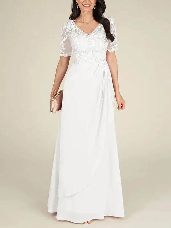Floor-to-ceiling chiffon lace back zip bridal mom dress