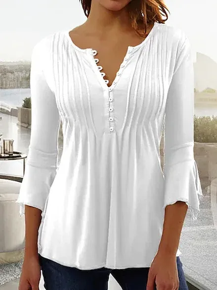 V Neck Buttoned Basic Casual Plain Ruched Tunic Top