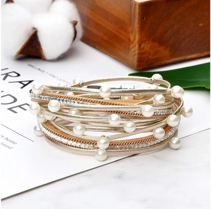 Fesciory Leather Wrap Bracelets for Women, Boho Leopard Multi-Layer Crystal Beads Cuff Bracelet Jewelry
