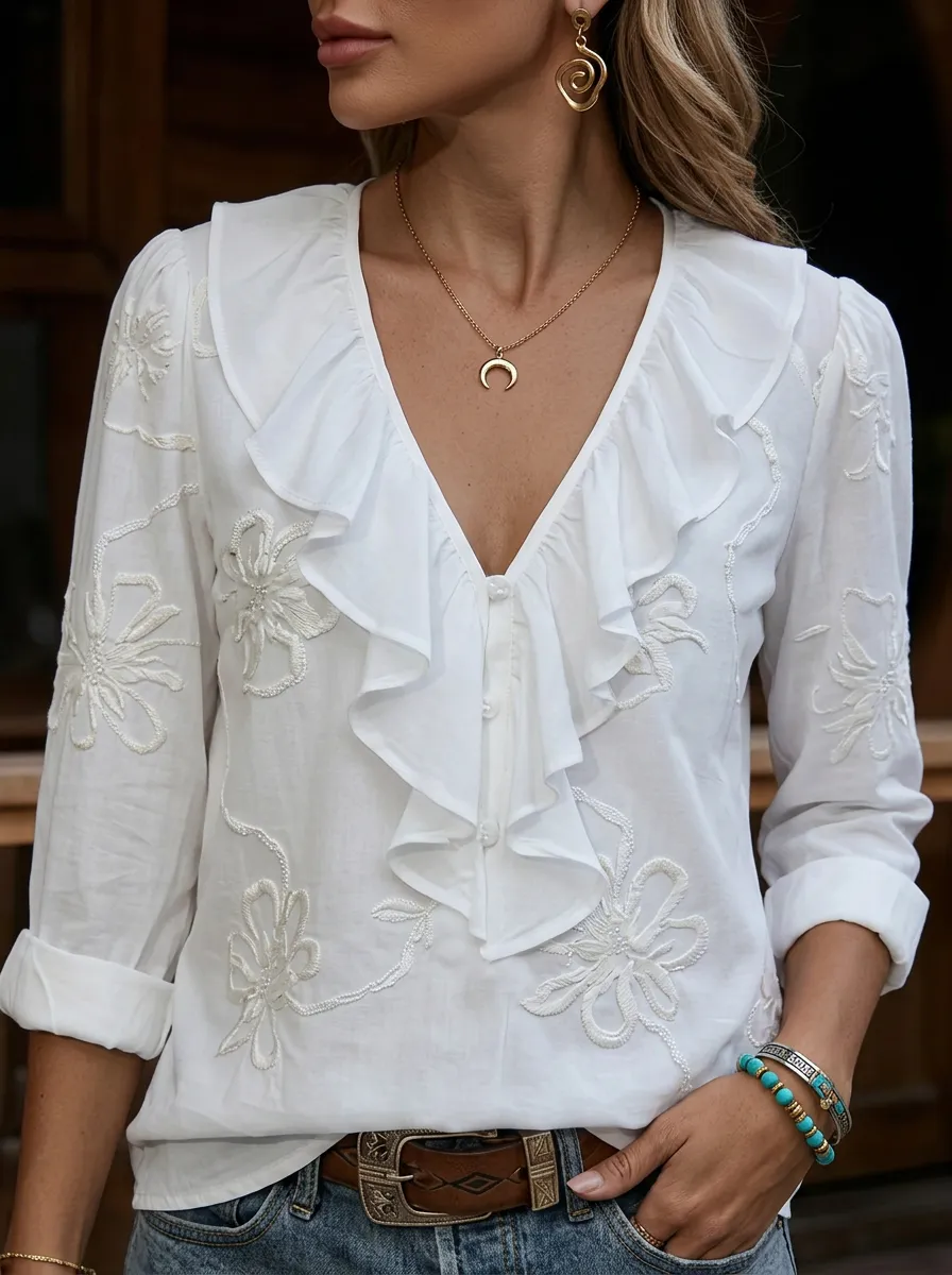 Women's Nashville Western Floral Embroidered Ruffle Printed Top