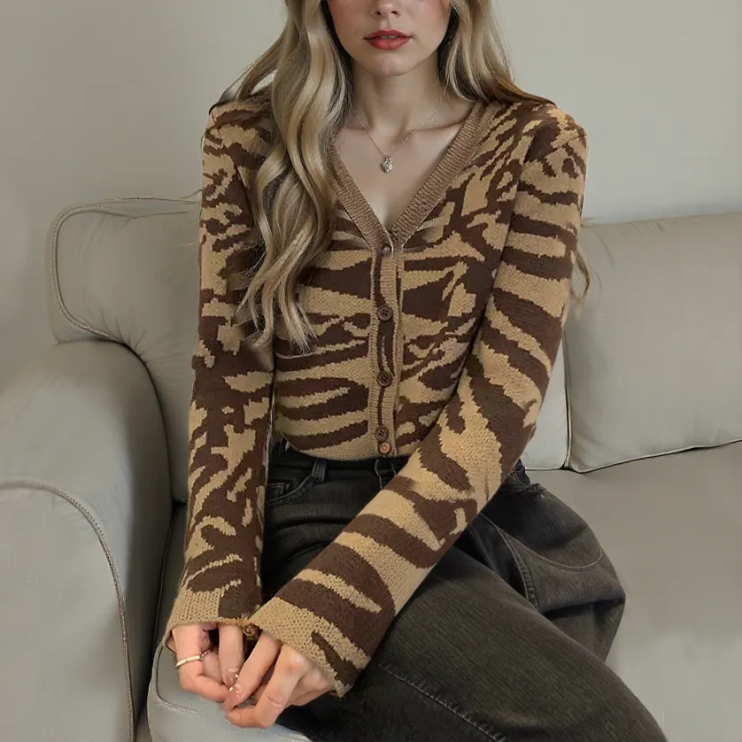 Casual Zebra Devore V Neck Cardigan