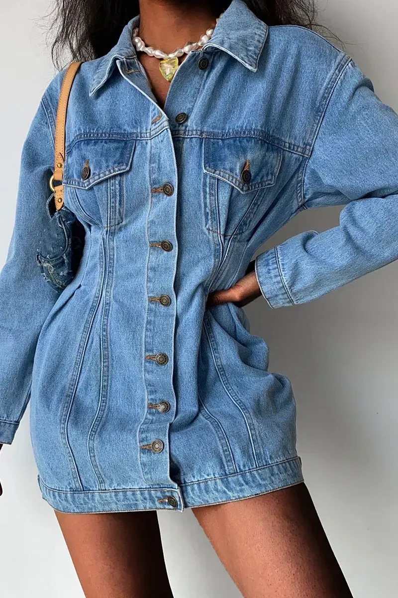 Woman Elegant Waisted Denim Dress Jacket