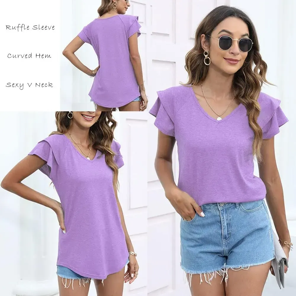 T&Twenties Womens Summer Tops Ruffle Short Sleeve Tunic Tops V Neck Loose Fit Flowy T-Shirts