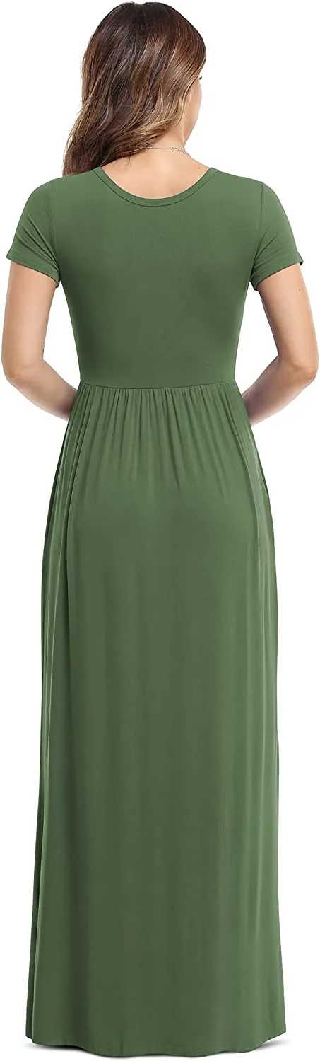 Women's Short Sleeve Loose Plain Maxi Dresses Casual Long Dresses with Pockets