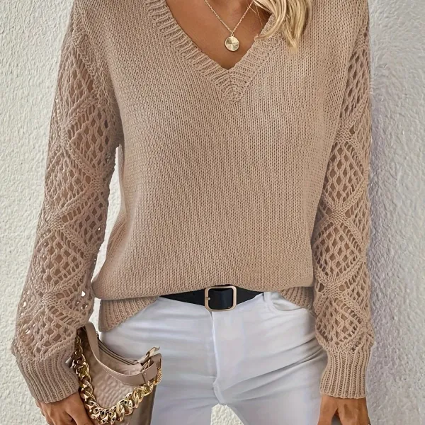 Openwork V Neck Long Sleeve Sweater