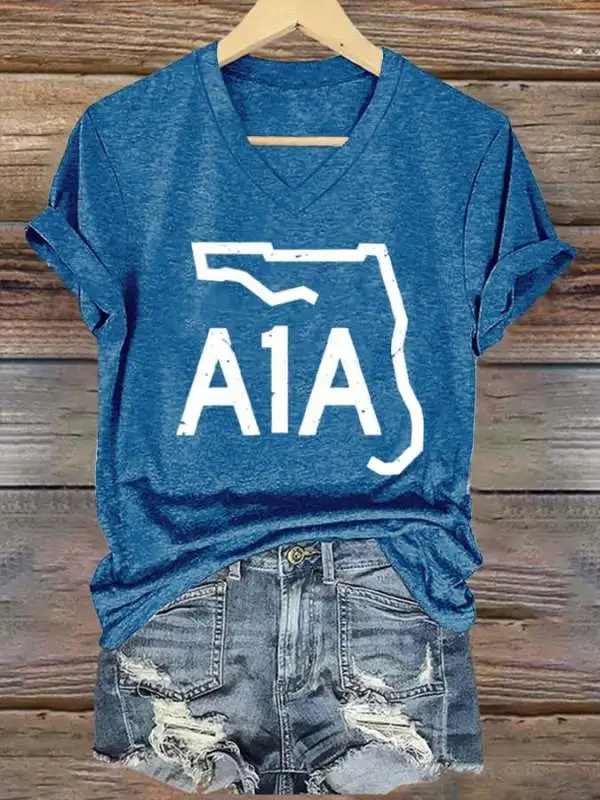 Women's V-neck short-sleeved printed T-shirt