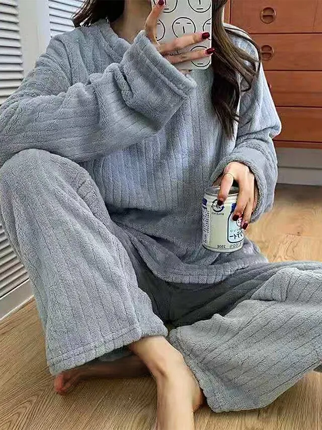 Women's Fleece Fluffy Fuzzy Warm Pajamas Sets Letter Plush Casual Comfort Home Daily Bed Coral Fleece Coral Velvet Warm Crew Neck Long Sleeve Pullover Pant Elastic Waist Fall Winter Light Pink White
