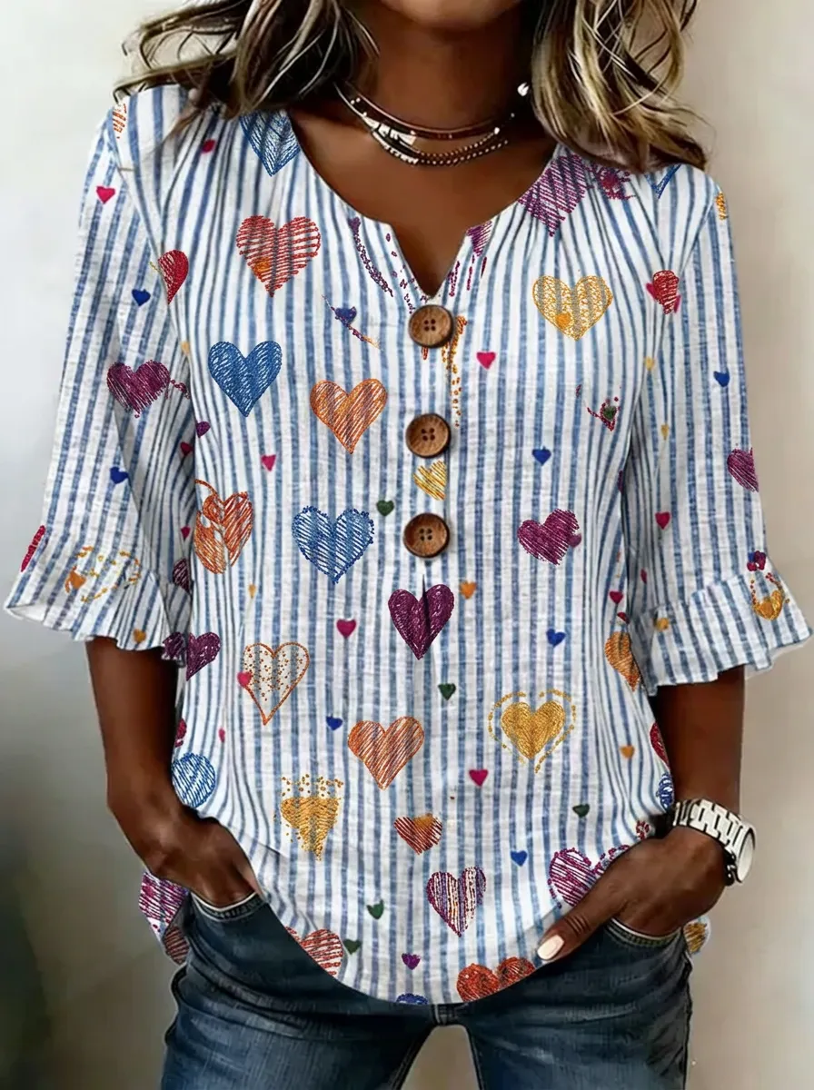 Women's Nashville Heart Lover Striped Pattern Printed V-Neck Top