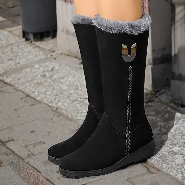 Women's Boots Suede Shoes Snow Boots Furry Feather Athletic Walking Fleece Lined Mid Calf Boots Winter Buckle Zipper Flat Heel Wedge Heel Round Toe Vintage Plush Classic Faux Suede Zipper Solid Color