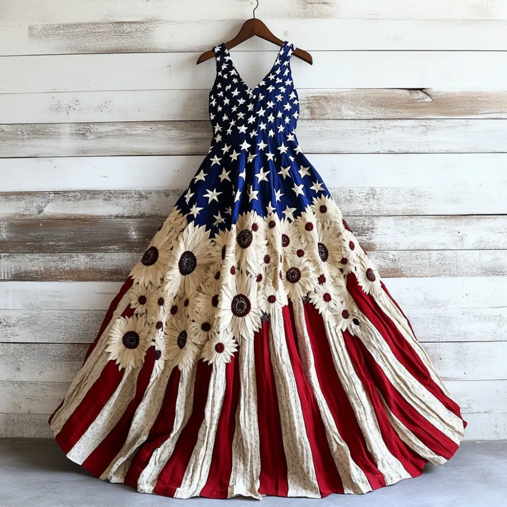 Women's Vintage Independence Day Flag Sunflower Art Linen Midi Dress