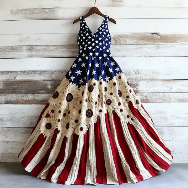 Women's Vintage Independence Day Flag Sunflower Art Linen Midi Dress