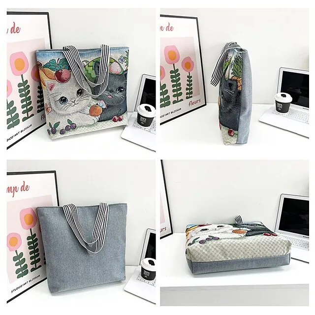 Women's Tote Shoulder Bag Canvas Tote Bag Oxford Cloth Shopping Daily Zipper Print Large Capacity Lightweight Durable Cat Flower Folk Butterfly Unicorn Black cat