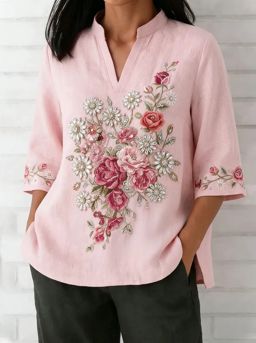 Women's Nashville Floral Rose Embroidered V-Neck Linen Top