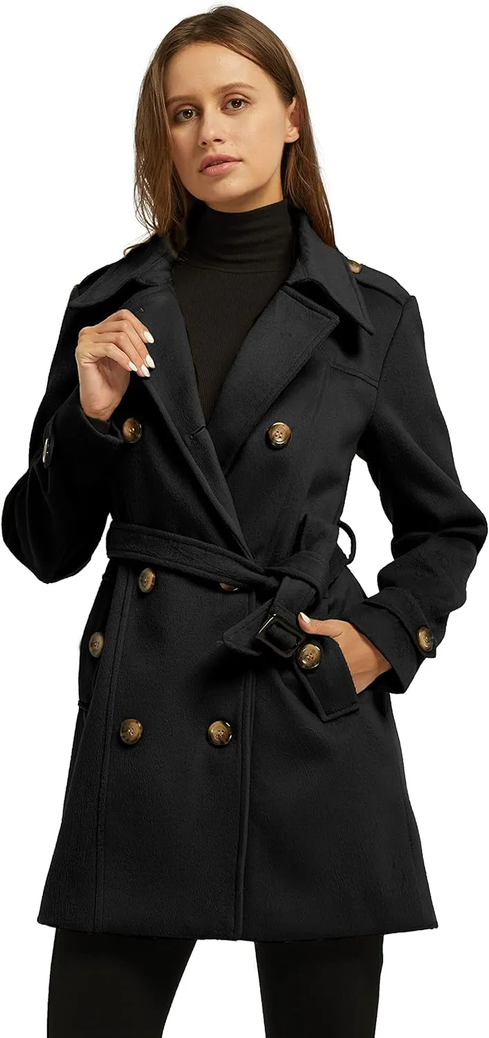 Women's Double Breasted Pea Coat Winter Mid-Long Trench Coat with Belt