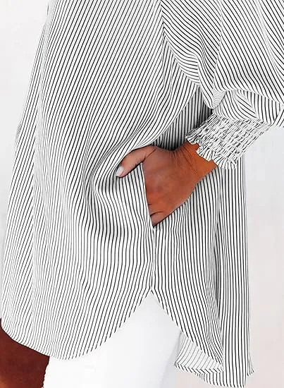 Womens Smocked Cuffed Striped Boyfriend Shirt Casual Collar Long Sleeve Oversized Button Down Blouse Tops with Pocket Shirred