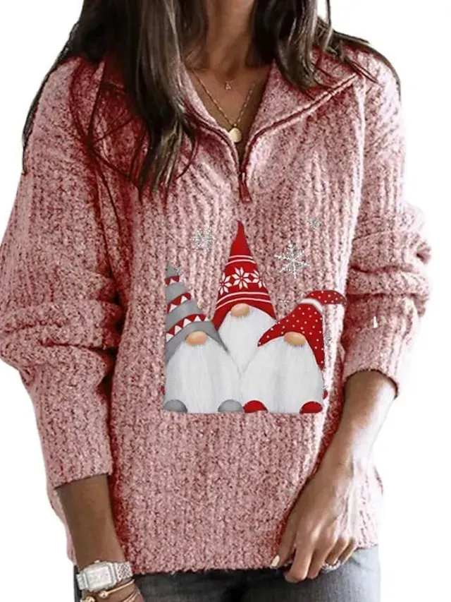 Women's Ugly Christmas Sweater Pullover Sweater Jumper Shirt Collar Half Zip Crochet Knit Polyester Zipper Knitted Fall Winter Xmas Holiday Stylish Casual Soft Long Sleeve Geometric Black Pink