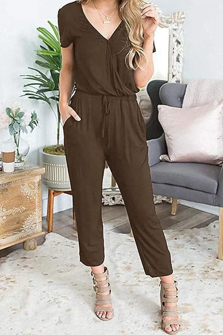 Deep V Neck Wrap Drawstring Waist Jumpsuit