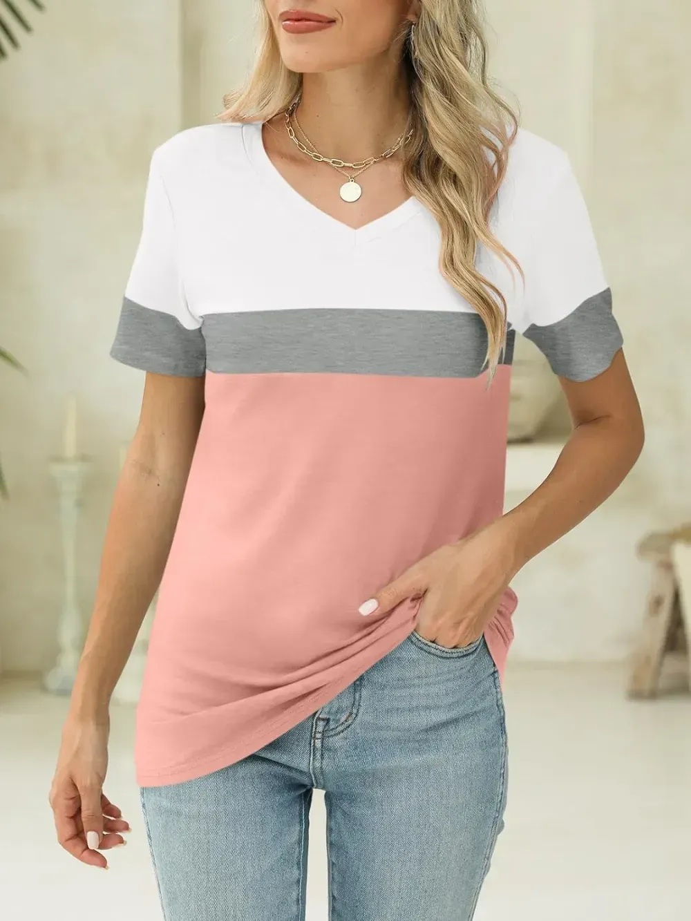 ORANDESIGNE Women's Color Block Short Sleeve T Shirts Casual V Neck Summer Tops Tees Loose Fit Blouses