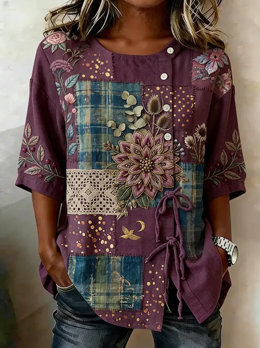 Women's Nashville Floral Patchwork Embroidered Printed Top