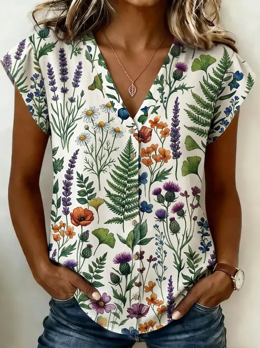 Women's Nashville Botanical Wildflower Printed V-Neck Top