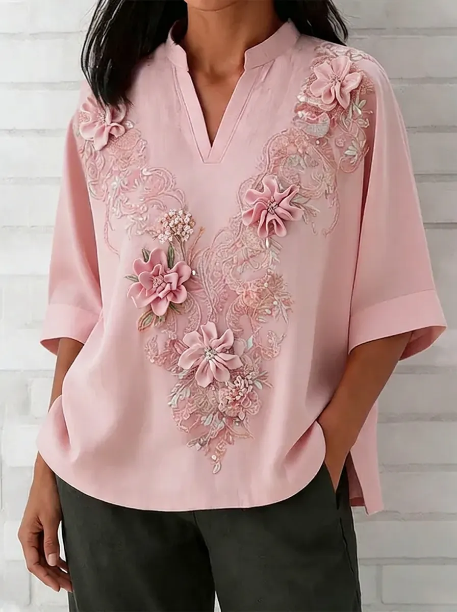 Women's Nashville Floral Lace Applique Embroidered V-Neck Top