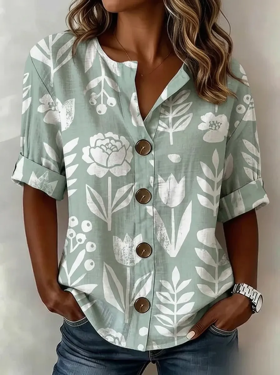 Women's Nashville Floral Botanical Printed Button-Down Shirt