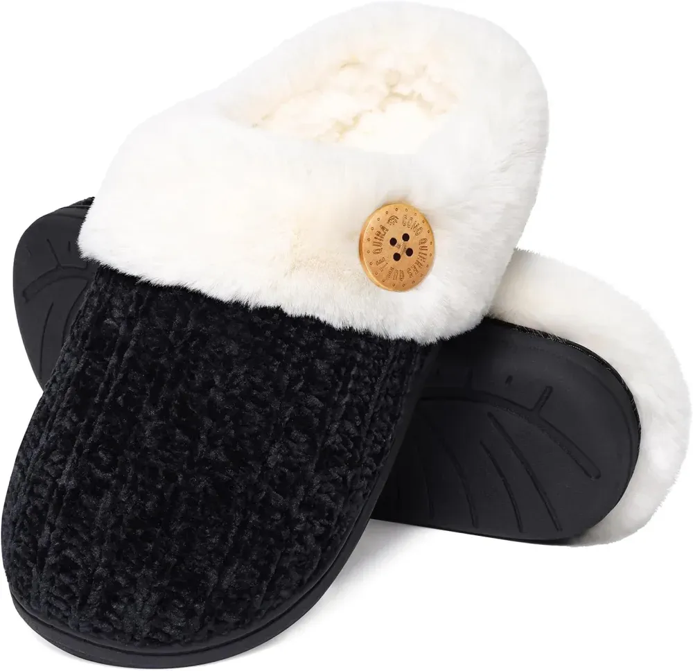 Warm Knit House Slippers for Women Comfy Wool-Like Lined Chenille Slippers with Memory Foam and Indoor Outdoor Soles