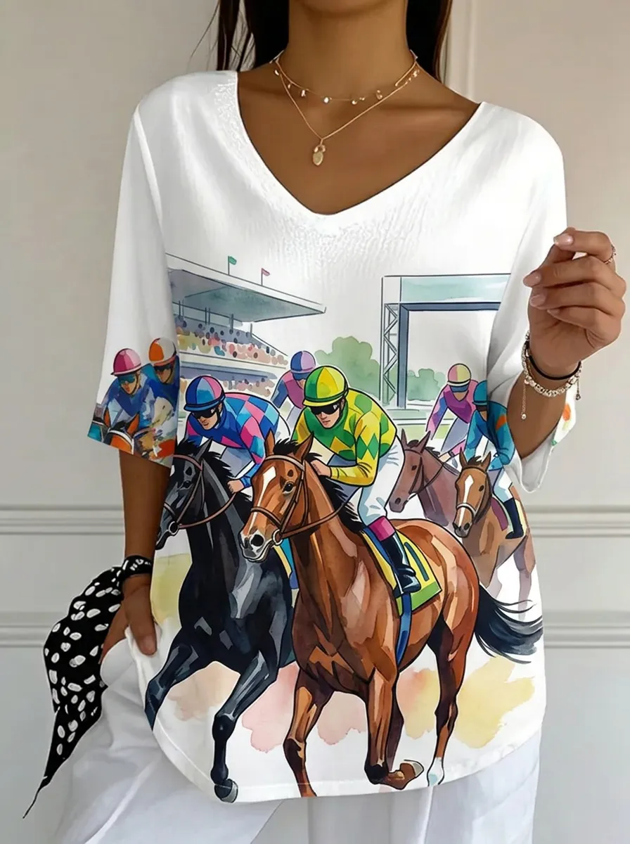 Women's Nashville Horse Racing Jockey Printed V-neck Top