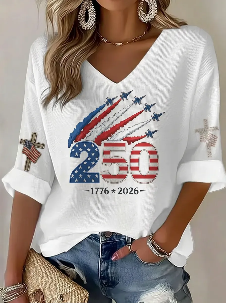 Women's USA 250th Anniversary Jet Fighter Flag Printed V-Neck Top