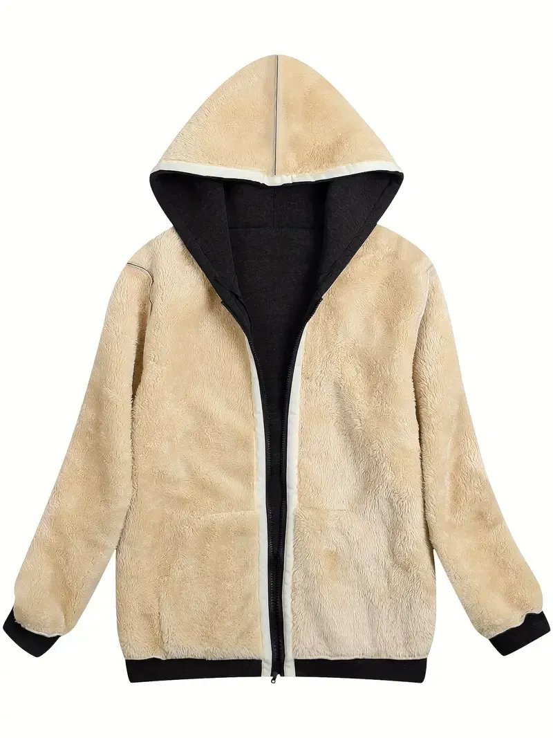 Fuzzy Hooded Jacket, Casual Zip Up Drawstring Long Sleeve Solid Outerwear, Women's Clothing