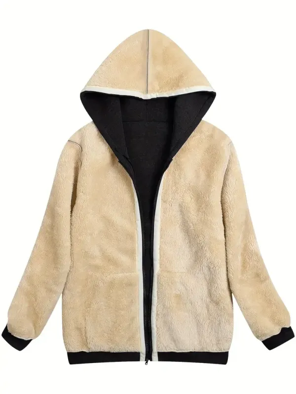 Fuzzy Hooded Jacket, Casual Zip Up Drawstring Long Sleeve Solid Outerwear, Women's Clothing