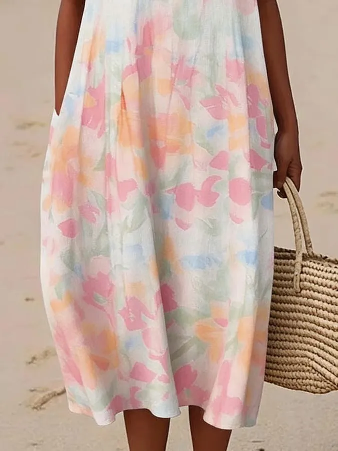 Women'S Round Neck Sleeveless Color-Block Printed Dress
