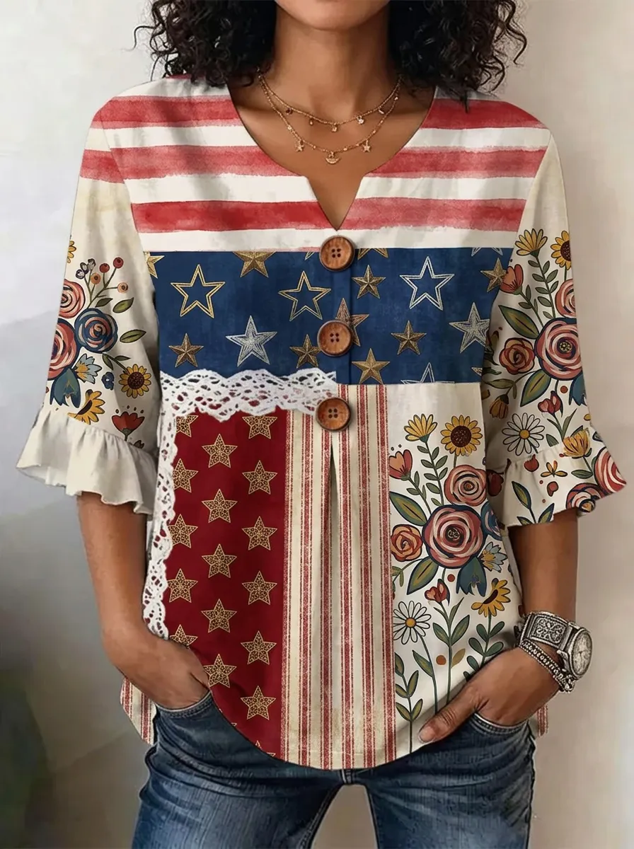 Women's Nashville USA Flag Floral Patchwork Printed V-neck Top