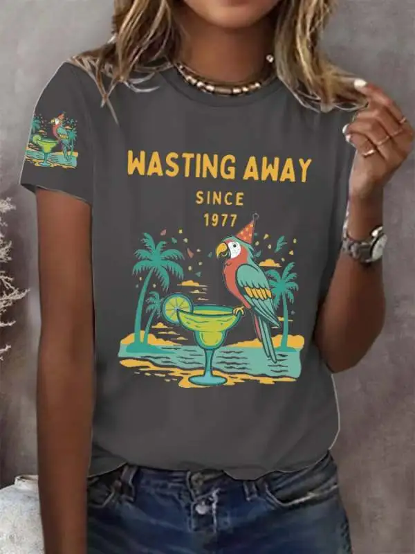 Retro Parrot Margarita Wasting Away Since 1977 Print T-Shirt