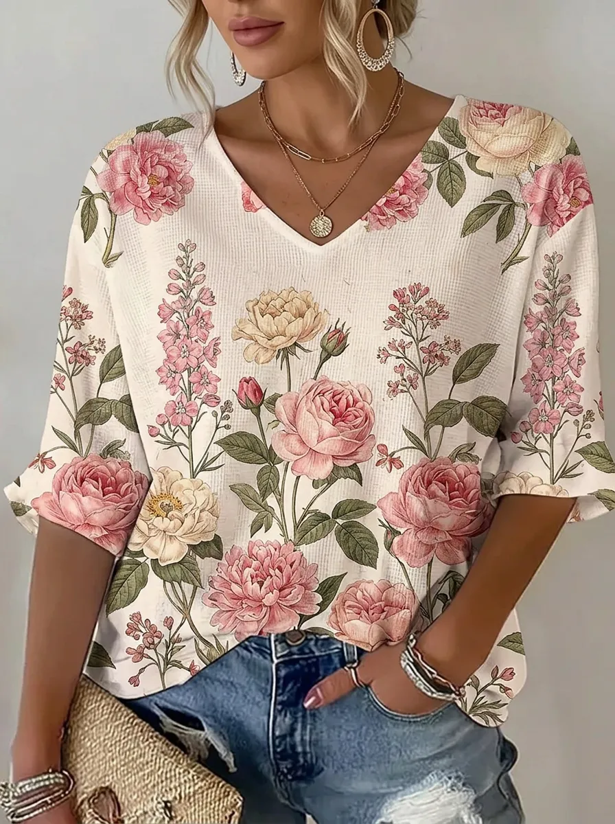 Women's Nashville Floral Botanical Printed V-neck Top