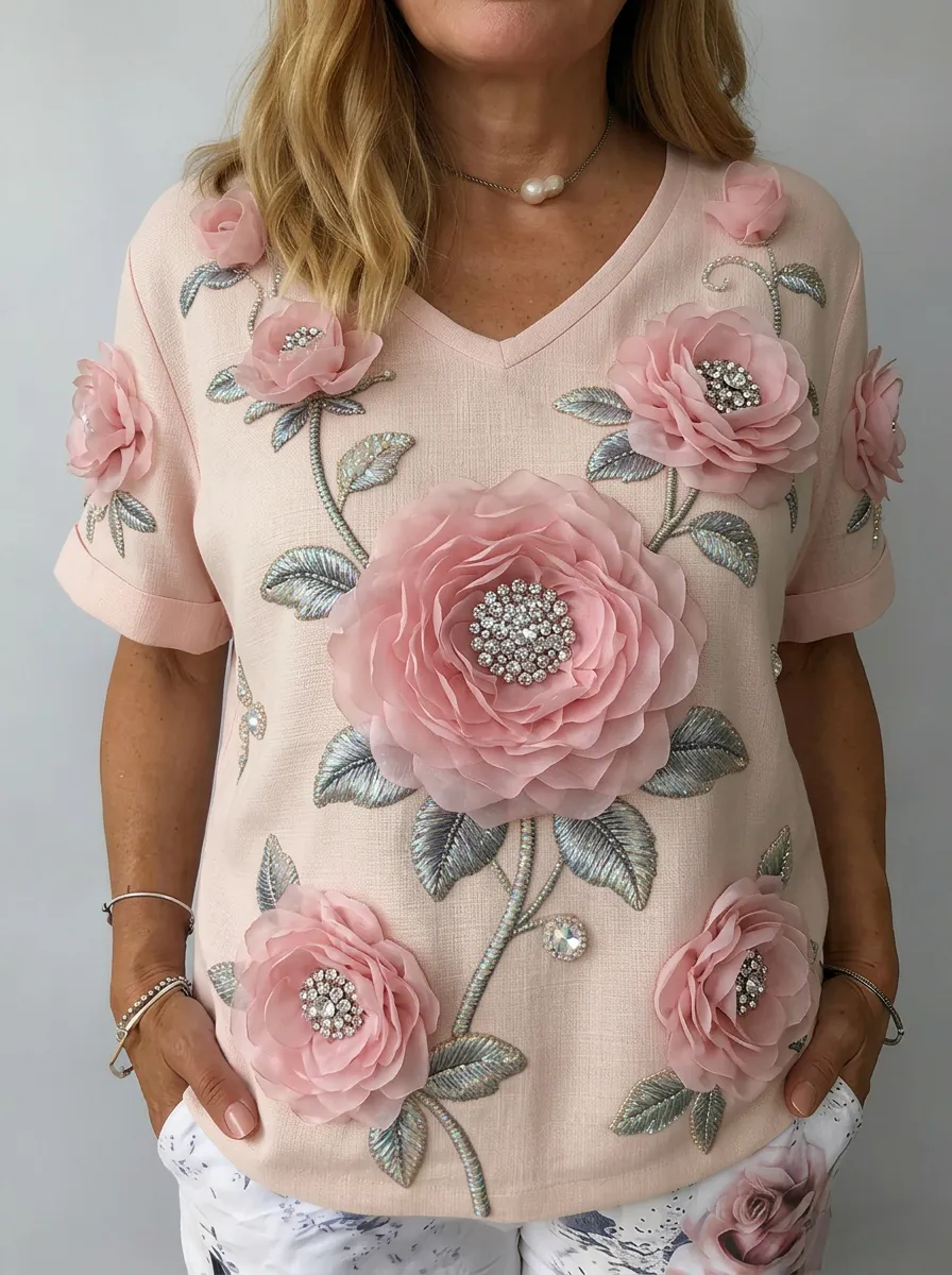 Women's Nashville Floral Rhinestone Applique Embellished T-shirt
